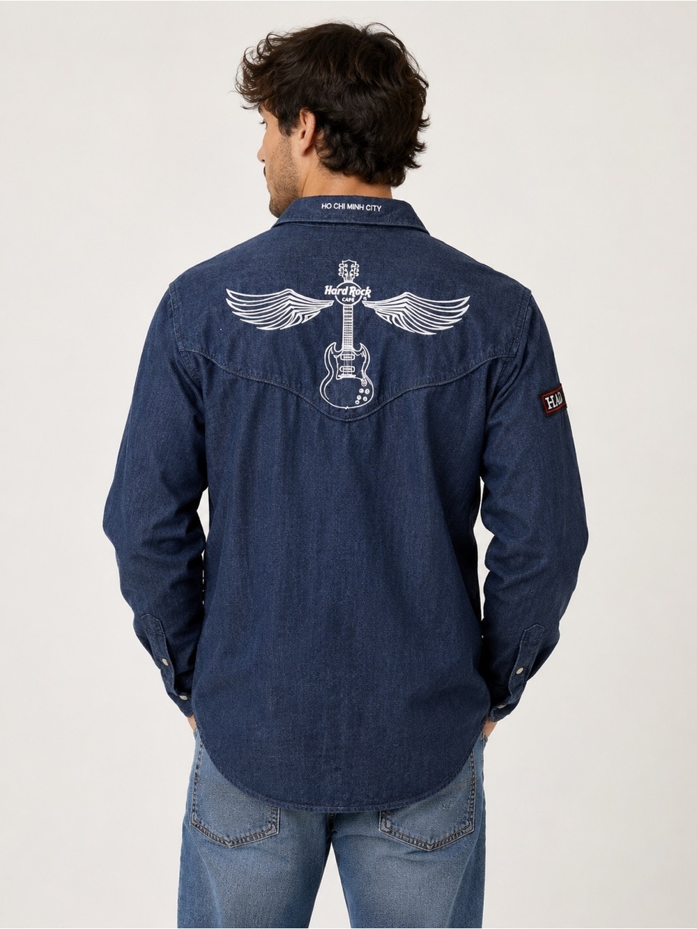 Hard Rock Café Denim Snap-Up Shirt Ho Chi Minh City Guitar Graphic Men’s‎ L